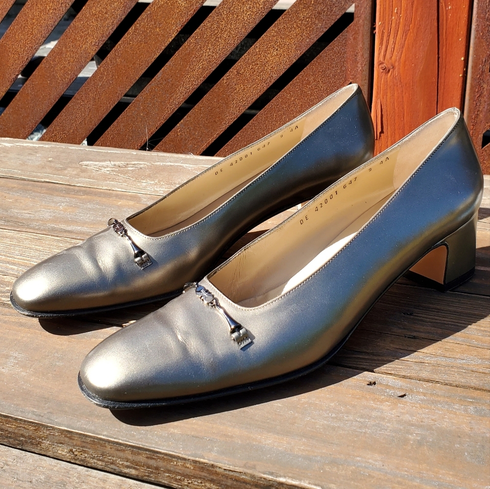 Salvatore Ferragamo Pumps.  Size 9. EUC. Gold Silver. Made in Italy